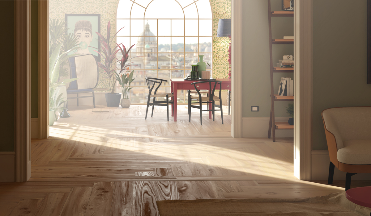 Sie können Holzoptikfliesen im gesamten Haus verwenden, wie oben in diesem Wohn- und Essbereich gezeigt. living room rendering domus3d