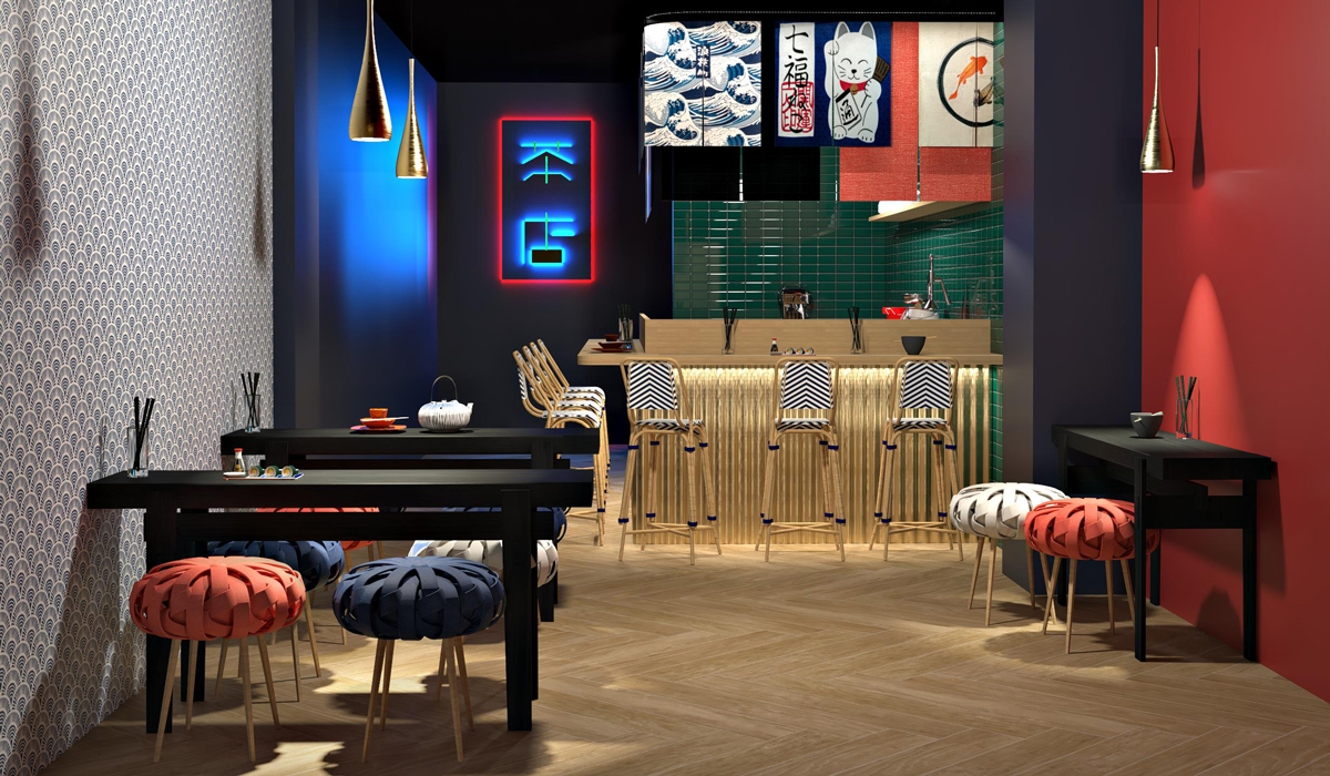 Fliesen in Holzoptik können in einer Vielzahl von Räumen verwendet werden und sind leicht zu reinigen und zu pflegen. Japanese Restaurant wood tile domus3d